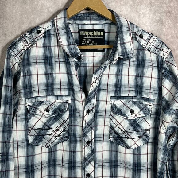 Machine Shirt Mens XL White Gray Long Sleeves‎ Button Casual Pockets Streetwear - Picture 2 of 9